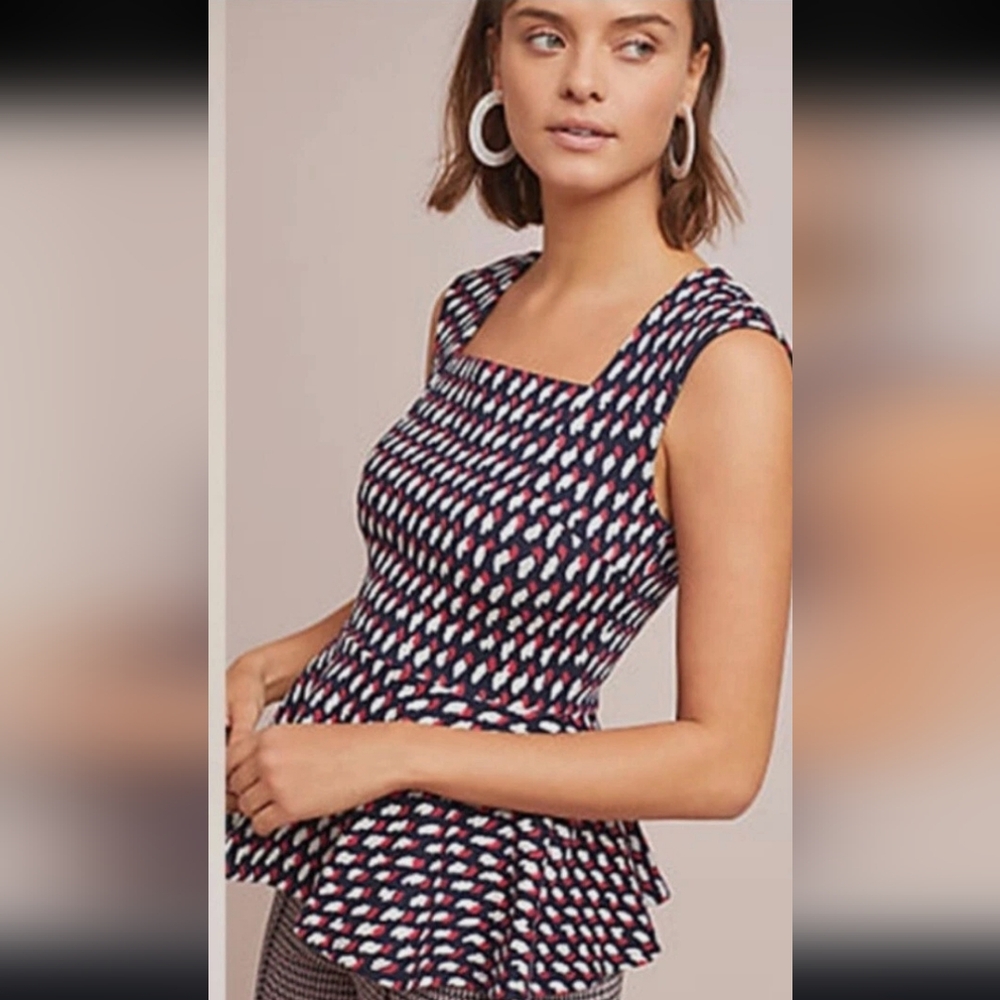 ANTHROPOLOGIE Eri + Ali 'Effie' Peplum Top Women's Size XL in Navy